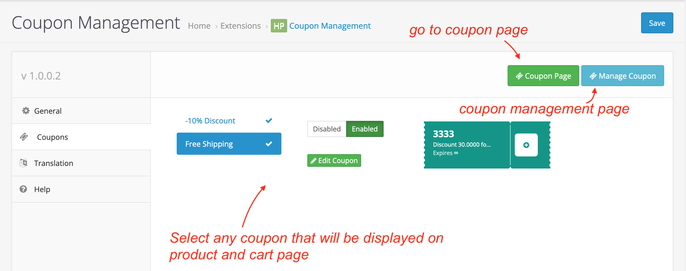 select coupons that will be disaplyed on product page and cart page